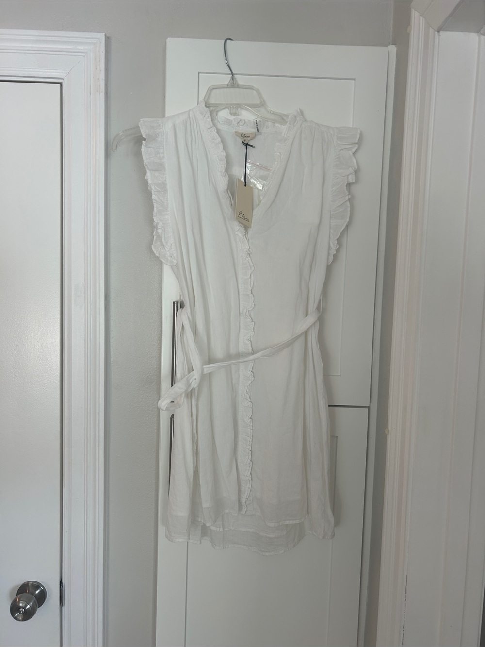 Elan White Ruffle-Trim Tie-Waist Tunic Dress